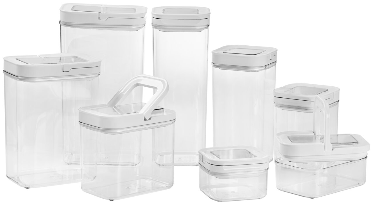 Homeware Set van 8 voorraadbussen Set van 8 voorraadbussen van doorzichtig kunststof met witte deksels, zijaanzicht