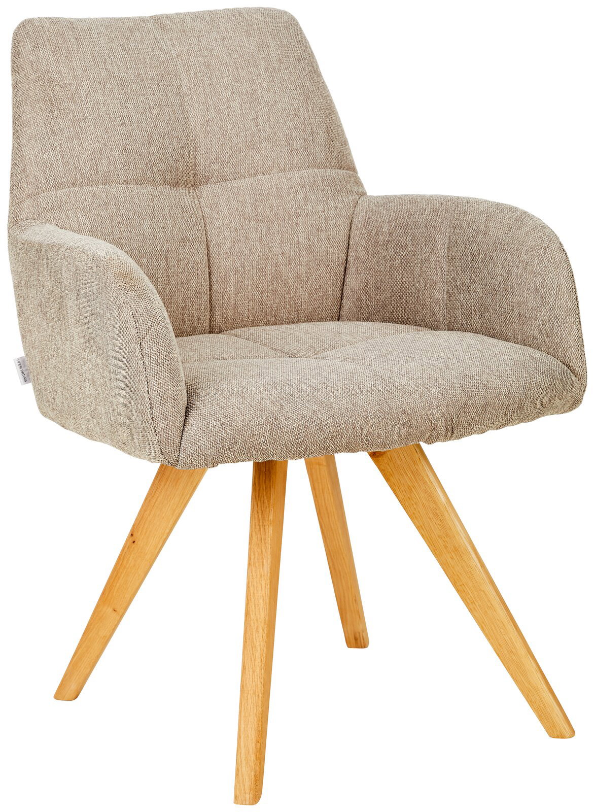 Beiger Armlehnstuhl mit Holzbeinen, seitliche Perspektive