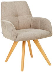 Beiger Armlehnstuhl mit Holzbeinen, seitliche Perspektive