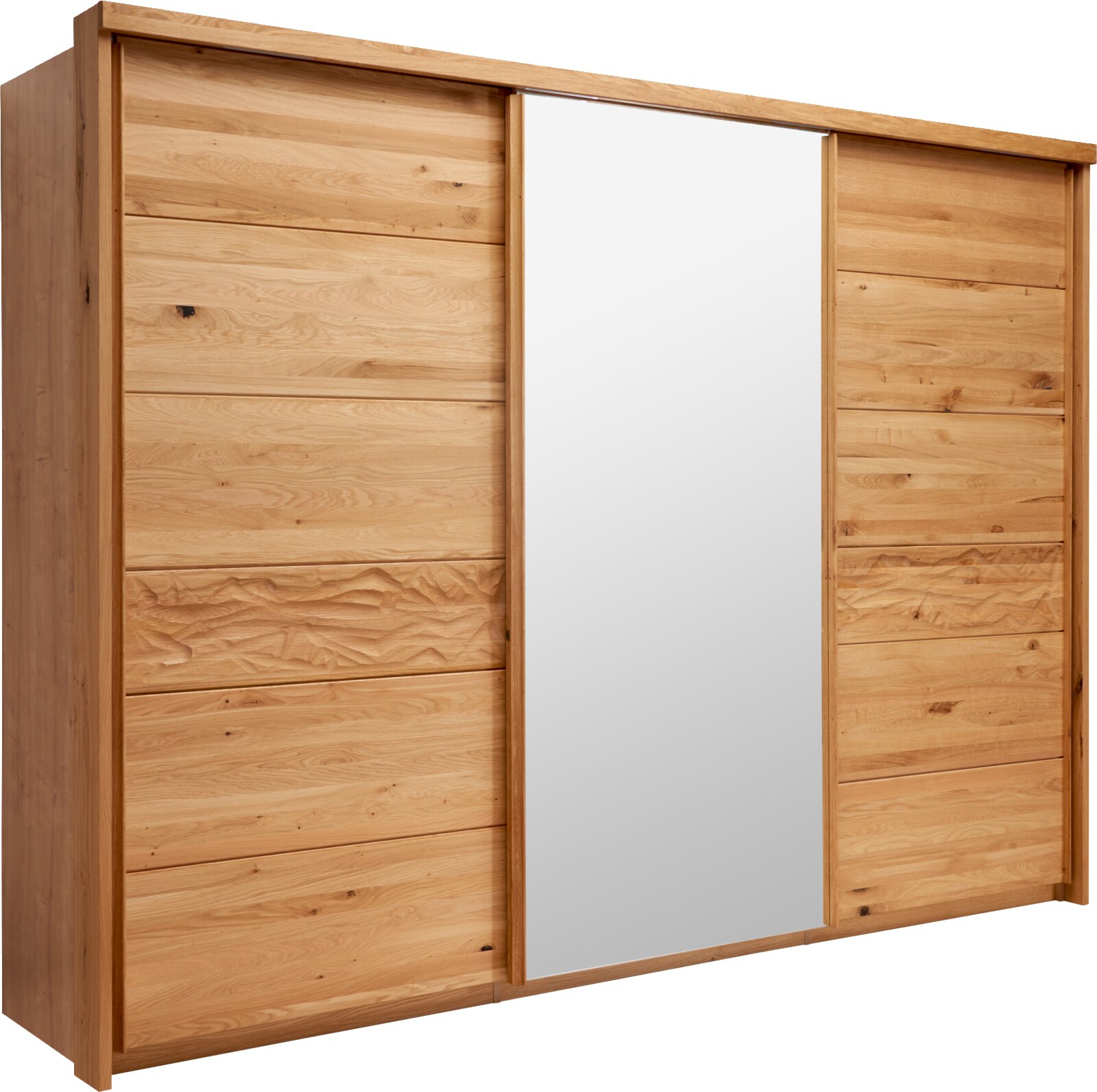 Schwebetürenschrank aus Holz mit mittigem Spiegel, seitliche Perspektive