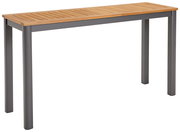 Moderner Beistelltisch mit Holzplatte und grauen Metallbeinen, seitliche Perspektive