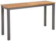 Moderner Beistelltisch mit Holzplatte und grauen Metallbeinen, seitliche Perspektive