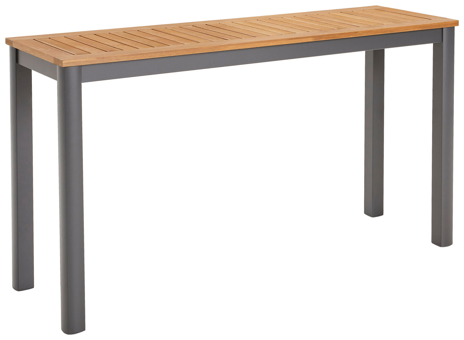 Moderner Beistelltisch mit Holzplatte und grauen Metallbeinen, seitliche Perspektive