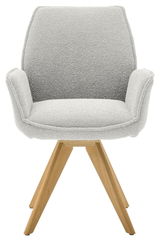 Moderner Armlehnstuhl mit hellgrauem Stoffbezug und Holzbeinen, Frontalansicht