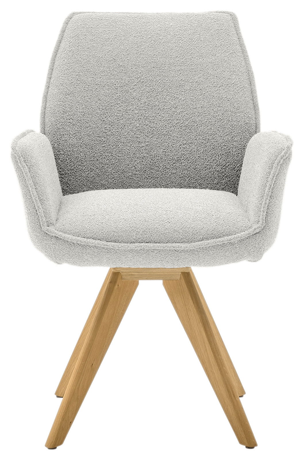Moderner Armlehnstuhl mit hellgrauem Stoffbezug und Holzbeinen, Frontalansicht