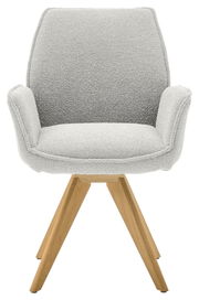 Moderner Armlehnstuhl mit hellgrauem Stoffbezug und Holzbeinen, Frontalansicht