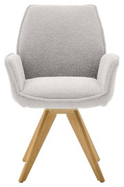 Moderner Armlehnstuhl mit hellgrauem Stoffbezug und Holzbeinen, Frontalansicht