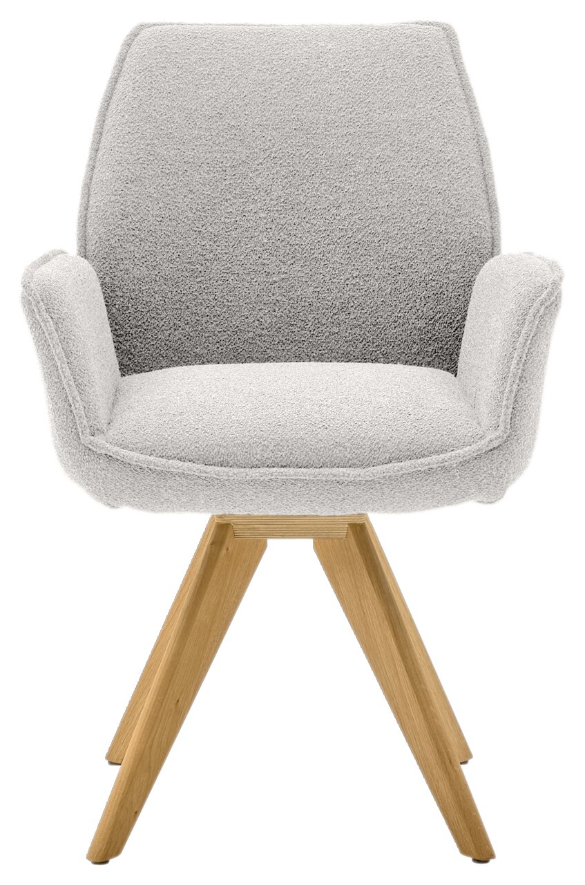 Moderner Armlehnstuhl mit hellgrauem Stoffbezug und Holzbeinen, Frontalansicht