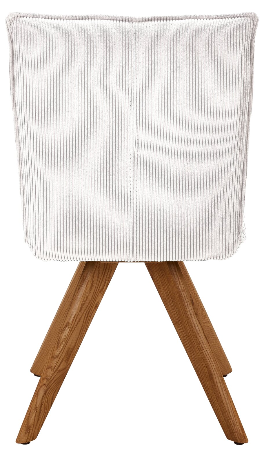Rückansicht eines modernen Stuhls mit weißem, geripptem Stoffbezug und Holzbeinen.