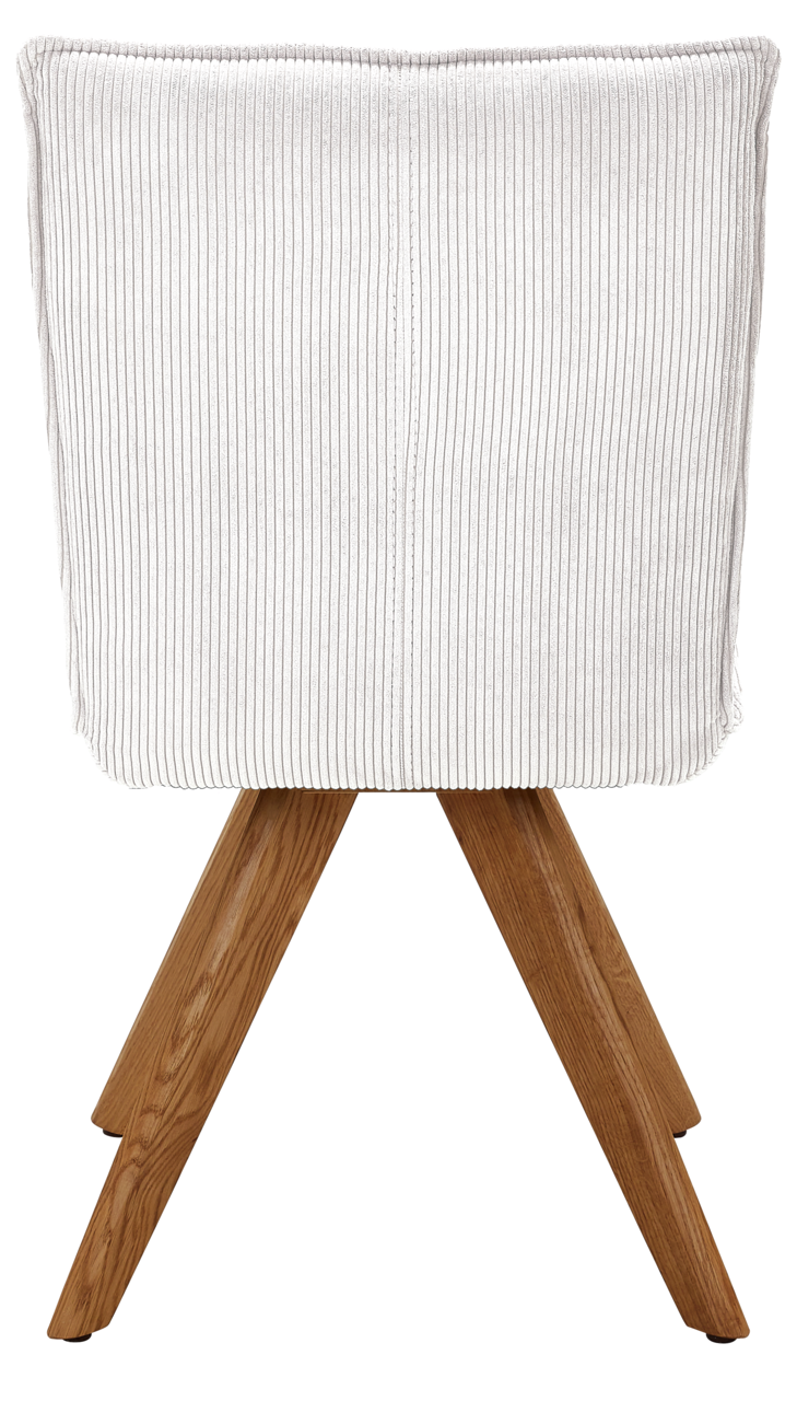 Johann Jakob Stuhl CALAS Rückansicht eines modernen Stuhls mit weißem, geripptem Stoffbezug und Holzbeinen.