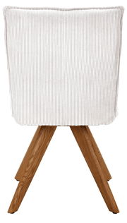 Rückansicht eines modernen Stuhls mit weißem, geripptem Stoffbezug und Holzbeinen.