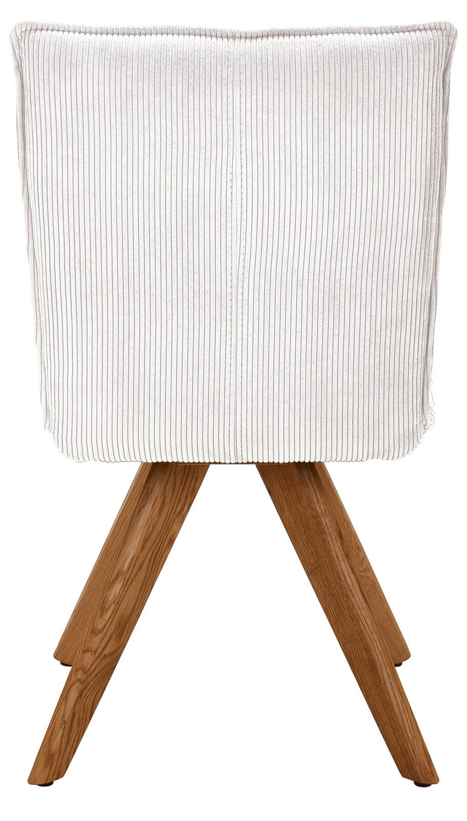 Rückansicht eines modernen Stuhls mit weißem, geripptem Stoffbezug und Holzbeinen.
