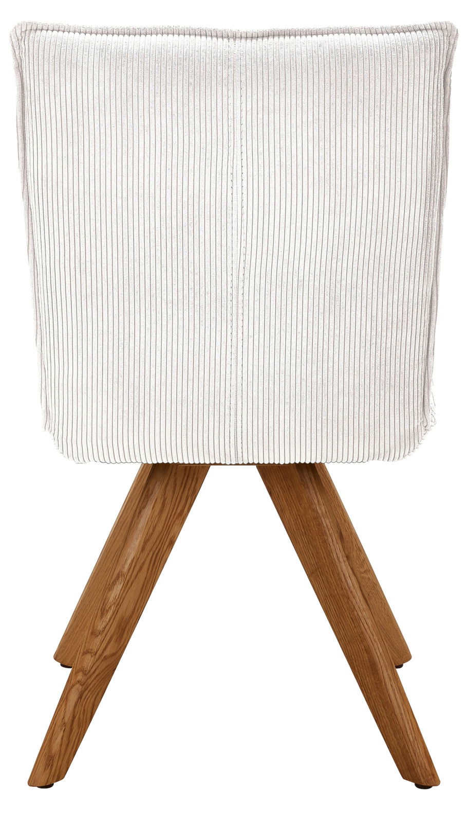 Rückansicht eines modernen Stuhls mit weißem, geripptem Stoffbezug und Holzbeinen.