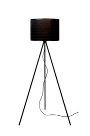 Schwarze Stehlampe mit dreibeinigem Stativ und rundem Lampenschirm, seitliche Perspektive