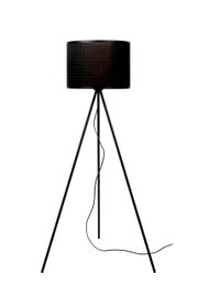 Schwarze Stehlampe mit dreibeinigem Stativ und rundem Lampenschirm, seitliche Perspektive