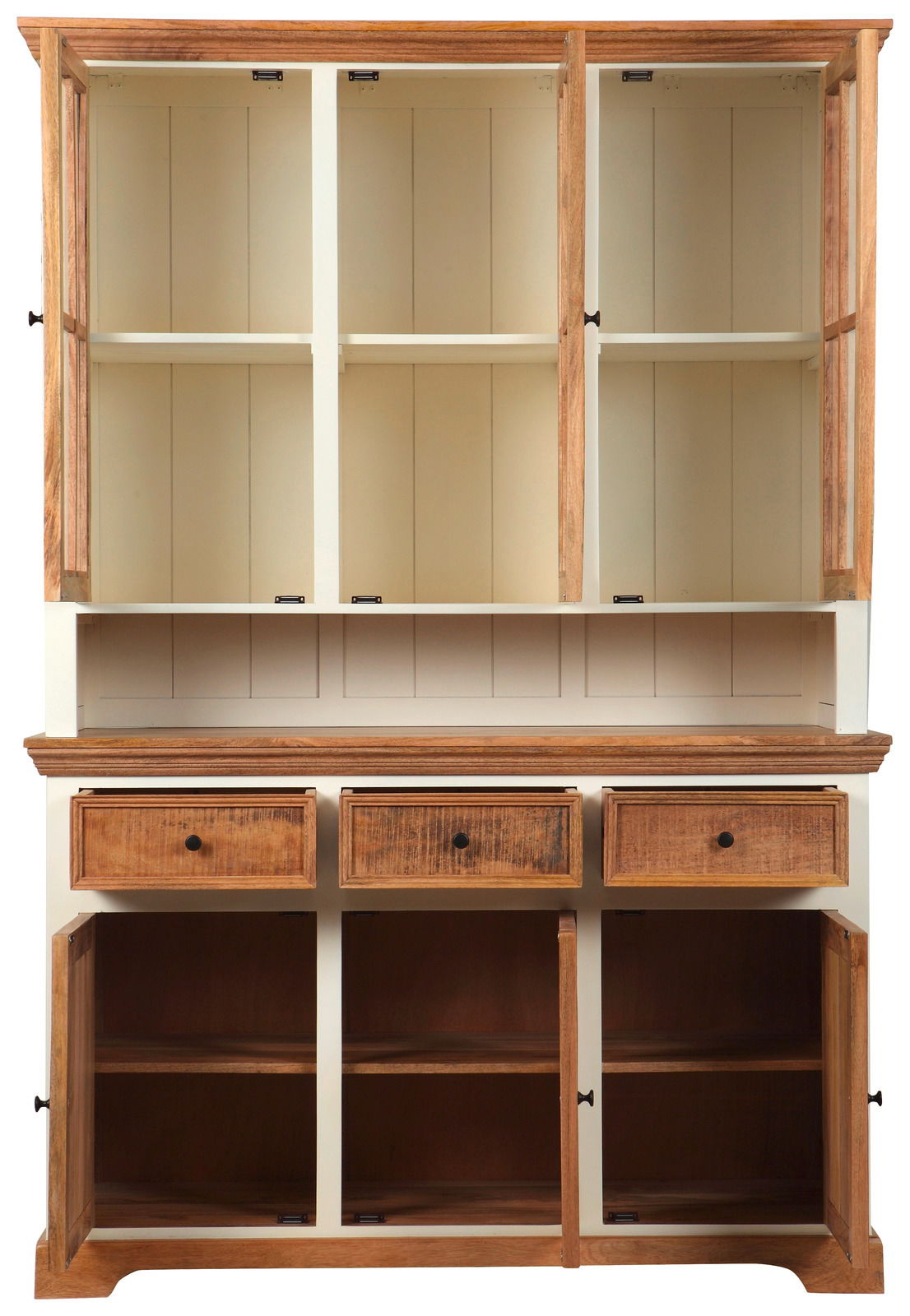 Vitrinenschrank aus Holz mit offenen Türen und Schubladen, Frontalansicht