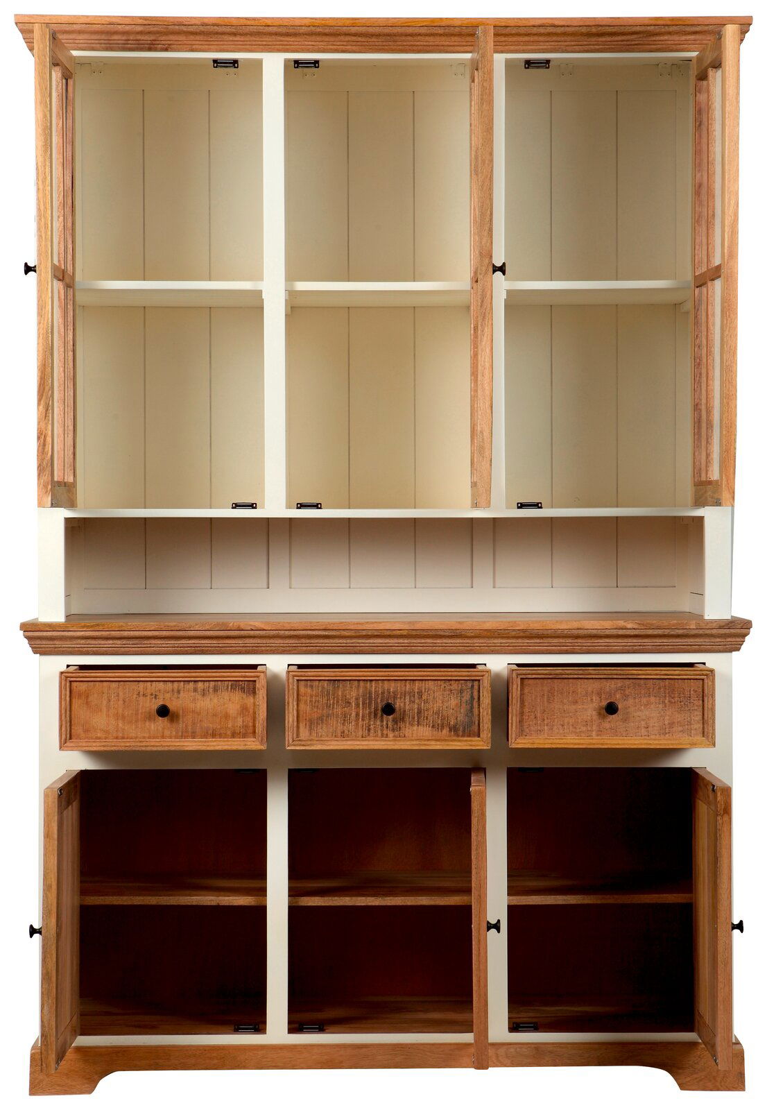 Vitrinenschrank aus Holz mit offenen Türen und Schubladen, Frontalansicht