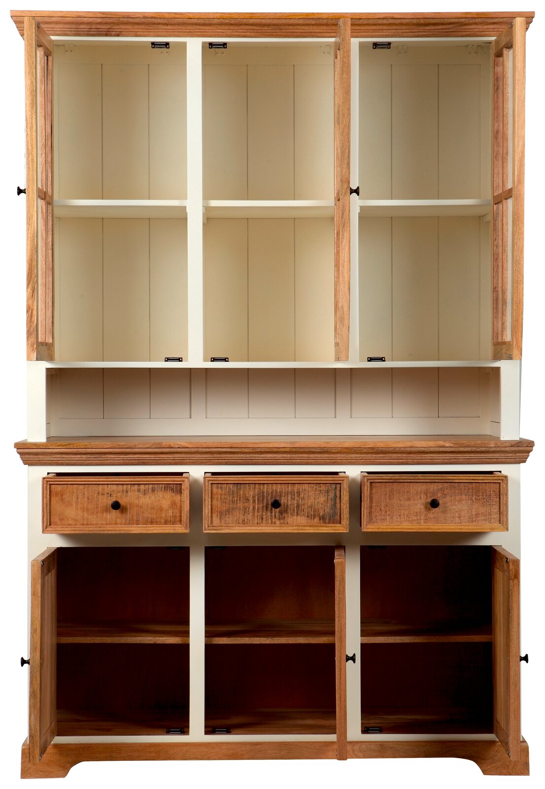 Vitrinenschrank aus Holz mit offenen Türen und Schubladen, Frontalansicht