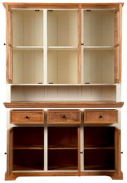 Vitrinenschrank aus Holz mit offenen Türen und Schubladen, Frontalansicht
