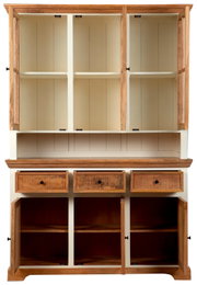 Vitrinenschrank aus Holz mit offenen Türen und Schubladen, Frontalansicht