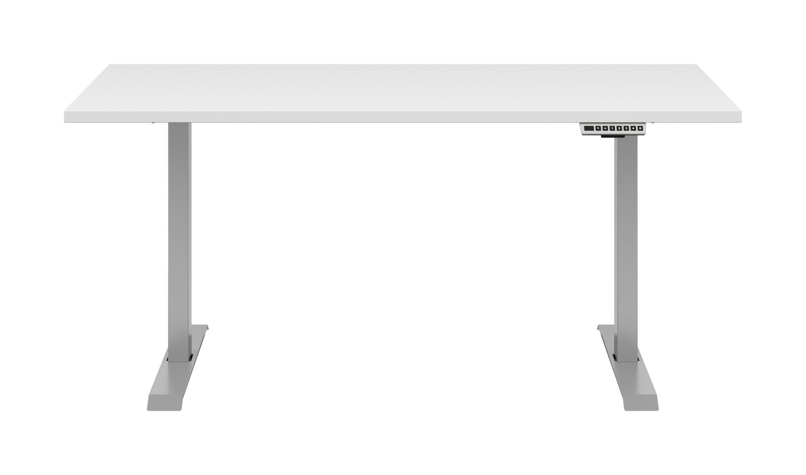 Moderner, höhenverstellbarer E-Schreibtisch in Weiß mit grauem Gestell, frontal abgebildet.