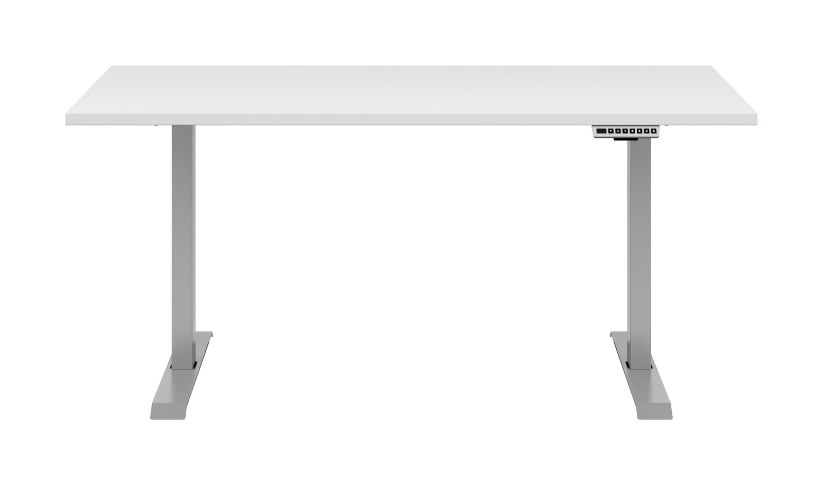 Voleo E-Schreibtisch CONNECT Moderner, höhenverstellbarer E-Schreibtisch in Weiß mit grauem Gestell, frontal abgebildet.