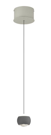 Moderne Pendelleuchte CANNON von Musterring in seitlicher Perspektive, mit grauem Lampenschirm und schwarzem Kabel.