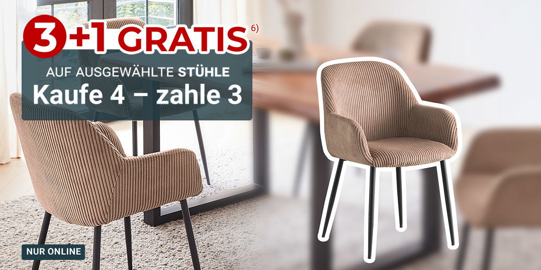 3+1 Gratis: Gepolsterte Esszimmerstühle in Cordoptik mit Metallbeinen am Holztisch im modernen Wohnraum