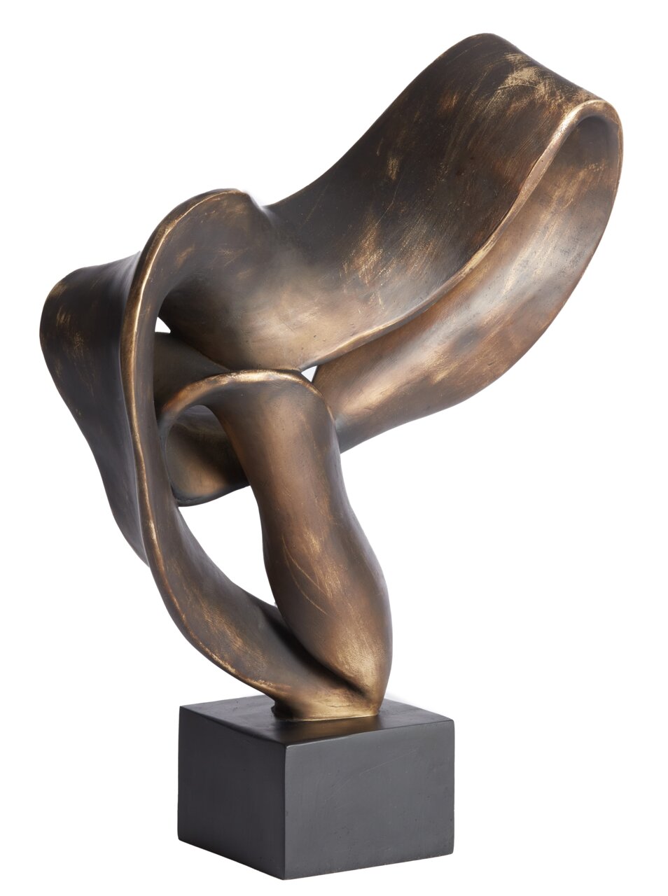 Abstrakte Skulptur aus bronzefarbenem Material auf einem schwarzen Sockel, seitliche Perspektive