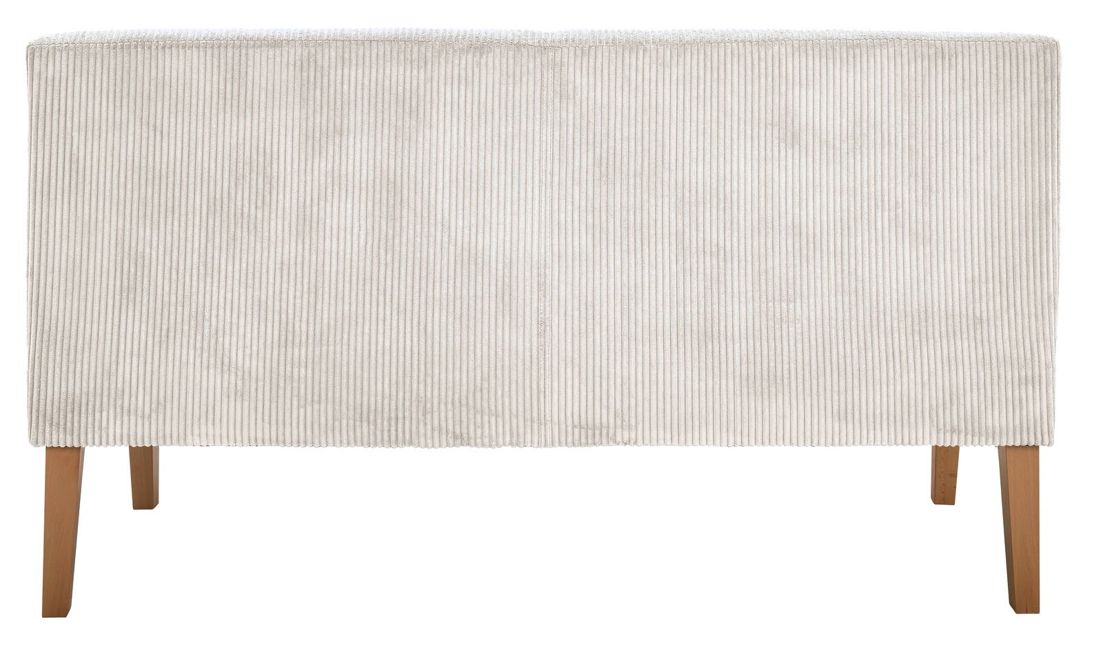 Rückansicht einer cremefarbenen Sitzbank mit Holzbeinen und geripptem Stoffbezug