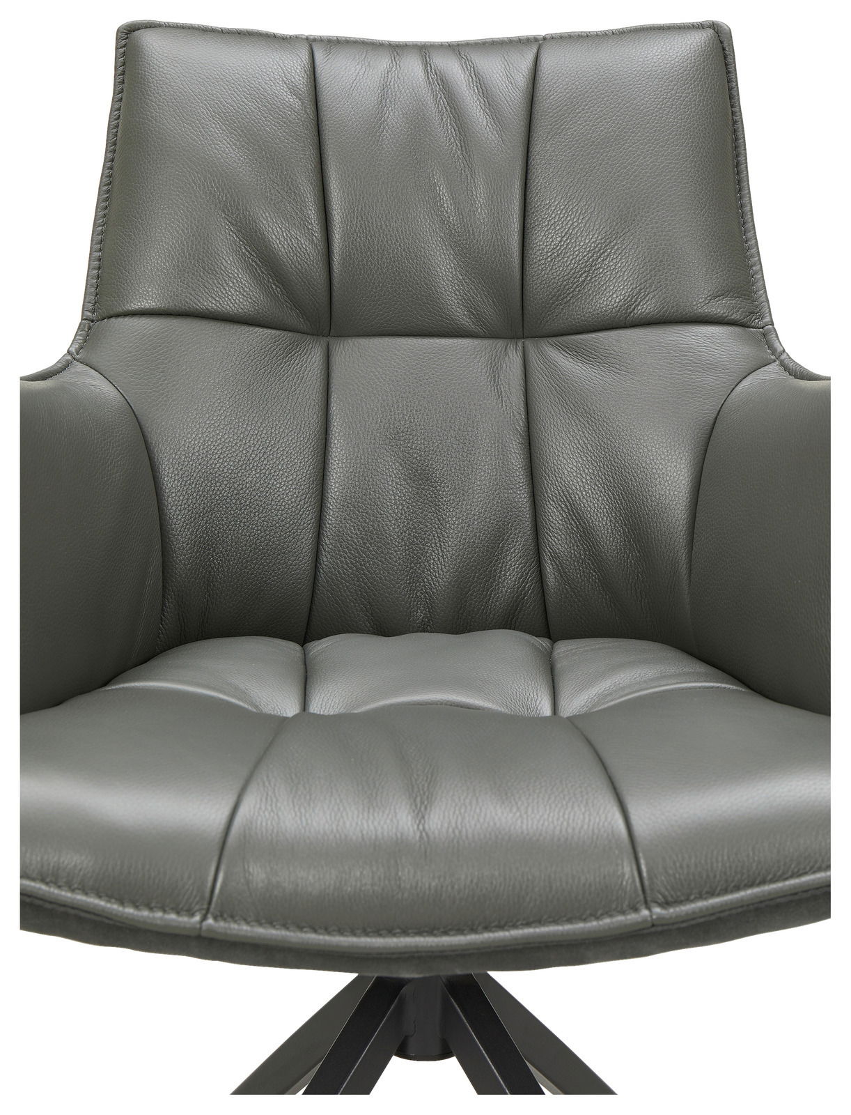 Vorderansicht eines modernen Sessels mit grauem Lederbezug und gepolsterter Sitzfläche.