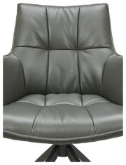 Vorderansicht eines modernen Sessels mit grauem Lederbezug und gepolsterter Sitzfläche.