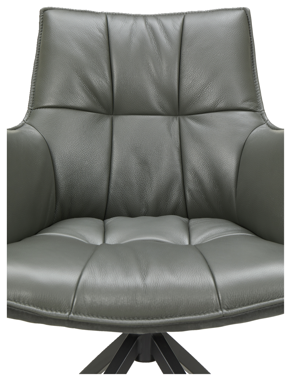 Vorderansicht eines modernen Sessels mit grauem Lederbezug und gepolsterter Sitzfläche.