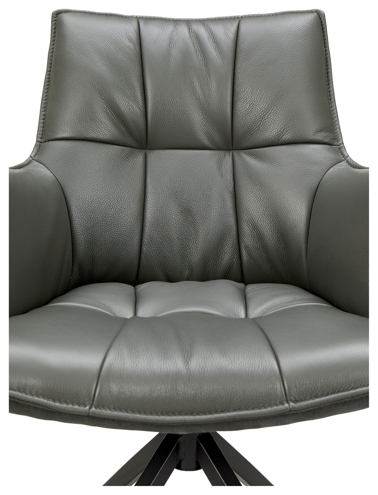 Vorderansicht eines modernen Sessels mit grauem Lederbezug und gepolsterter Sitzfläche.