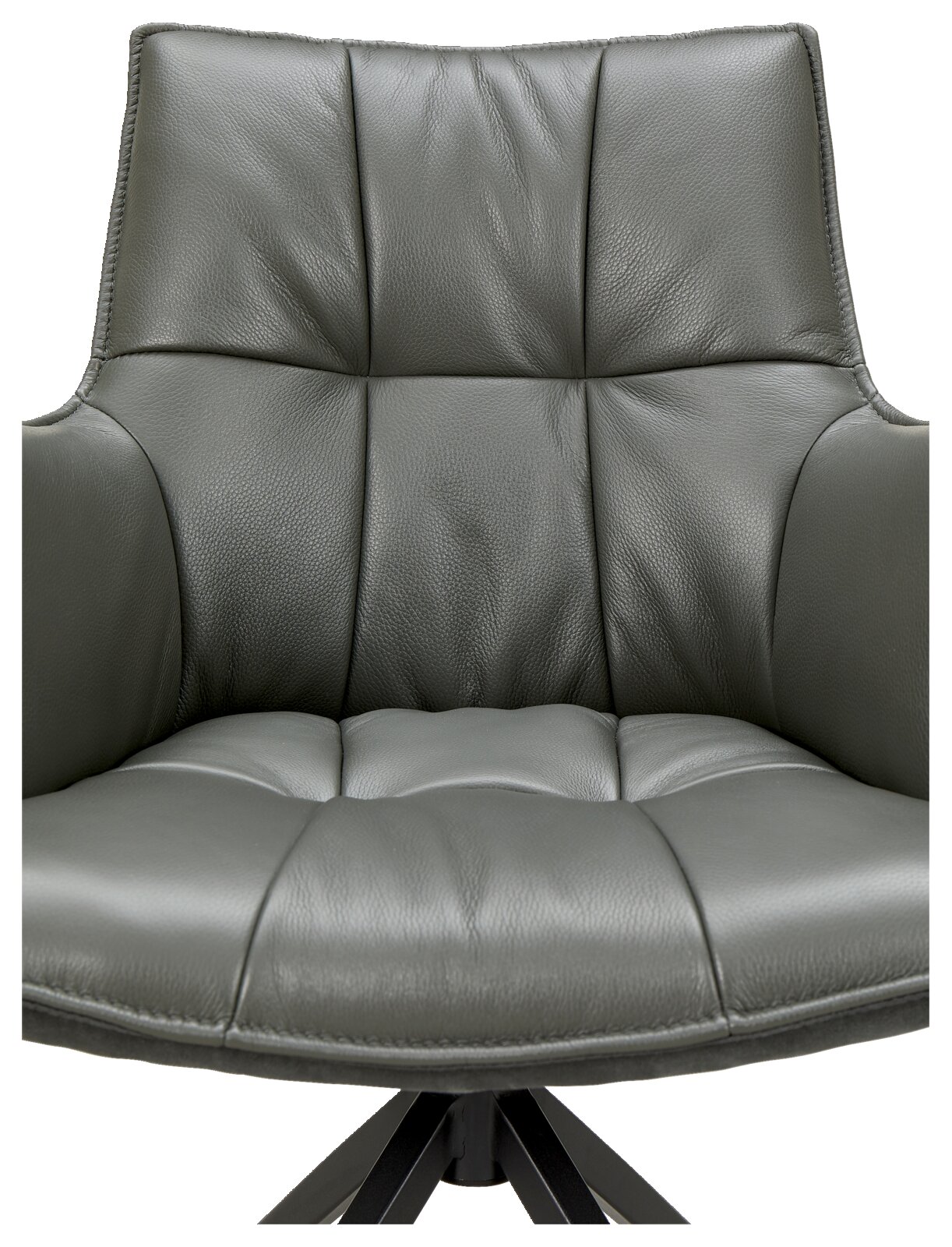 Vorderansicht eines modernen Sessels mit grauem Lederbezug und gepolsterter Sitzfläche.