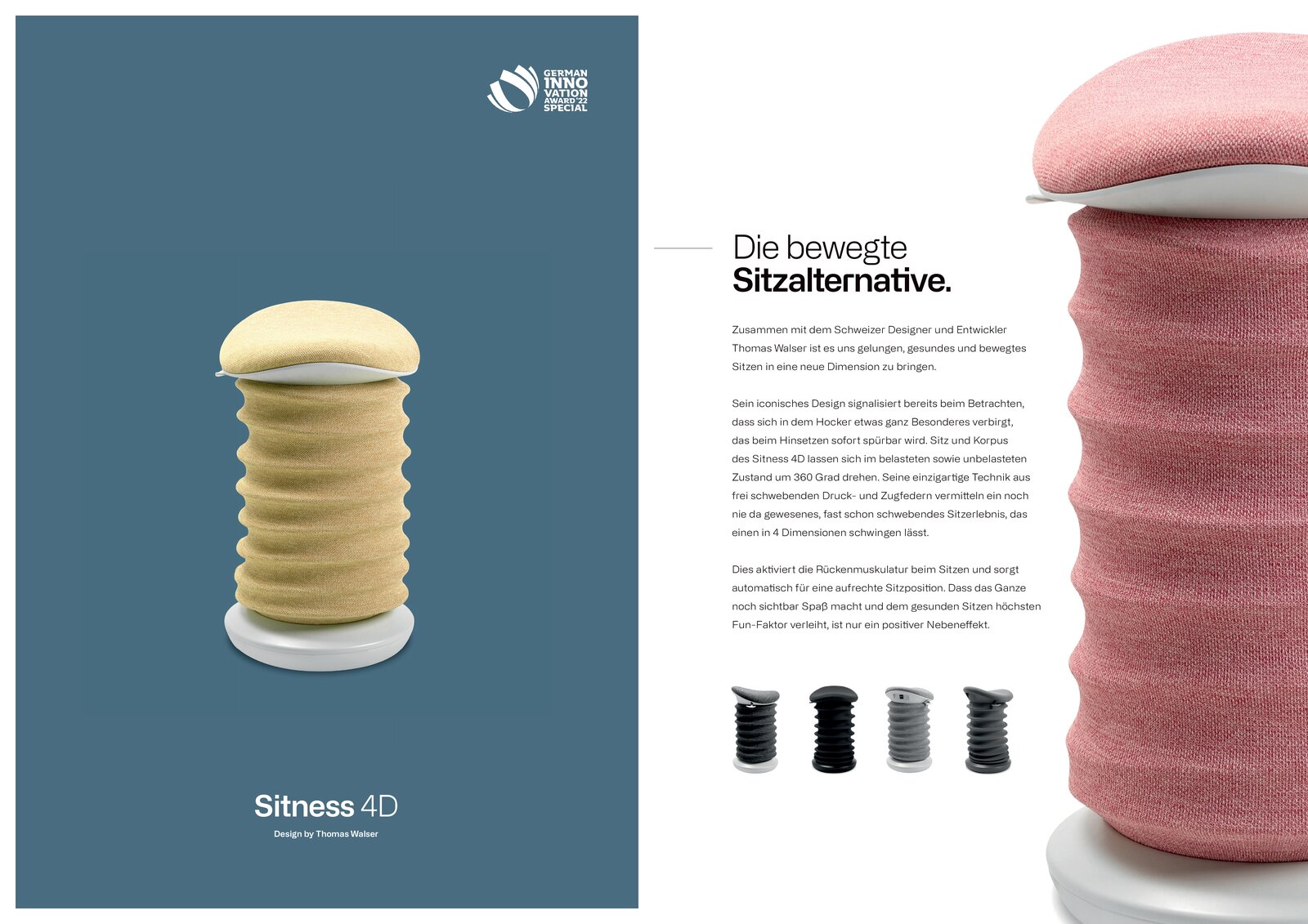 Aktiv-Sitz in seitlicher Perspektive, modernes Design mit wellenförmiger Struktur, erhältlich in verschiedenen Farben.