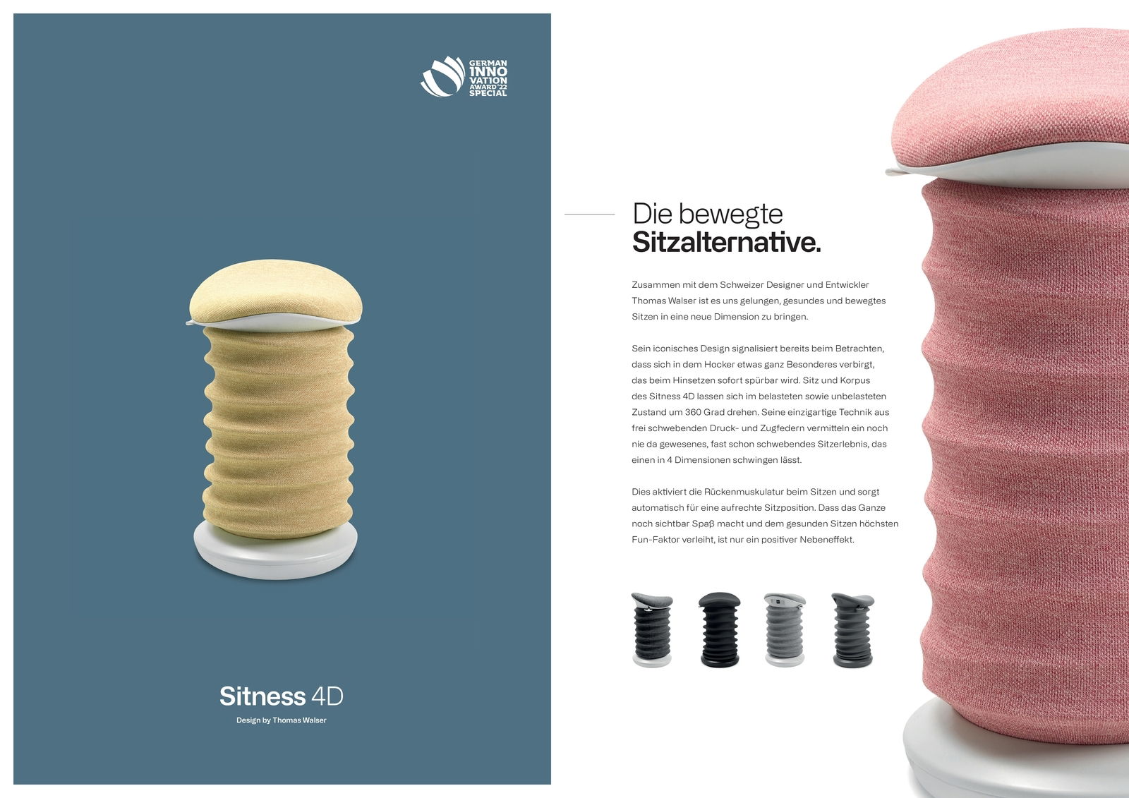 Aktiv-Sitz in seitlicher Perspektive, modernes Design mit wellenförmiger Struktur, erhältlich in verschiedenen Farben.