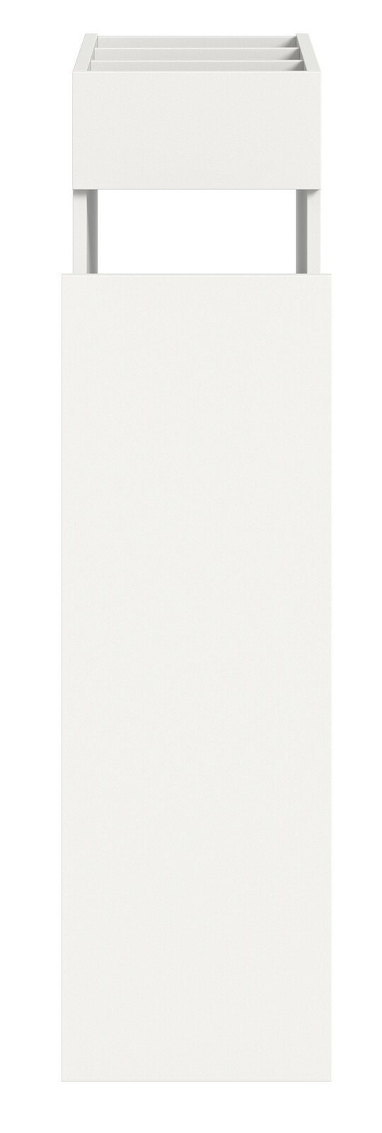 Weißes Anstellregal, frontale Ansicht, mit offenem oberen Fach.