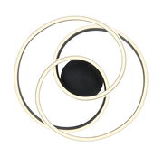 Moderne LED-Deckenleuchte mit drei ineinander verschlungenen Leuchtringen, Ansicht von unten.