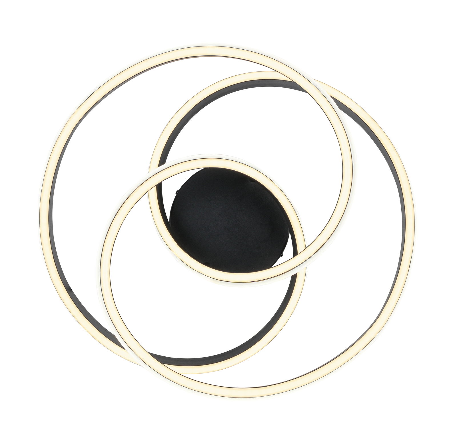 Moderne LED-Deckenleuchte mit drei ineinander verschlungenen Leuchtringen, Ansicht von unten.