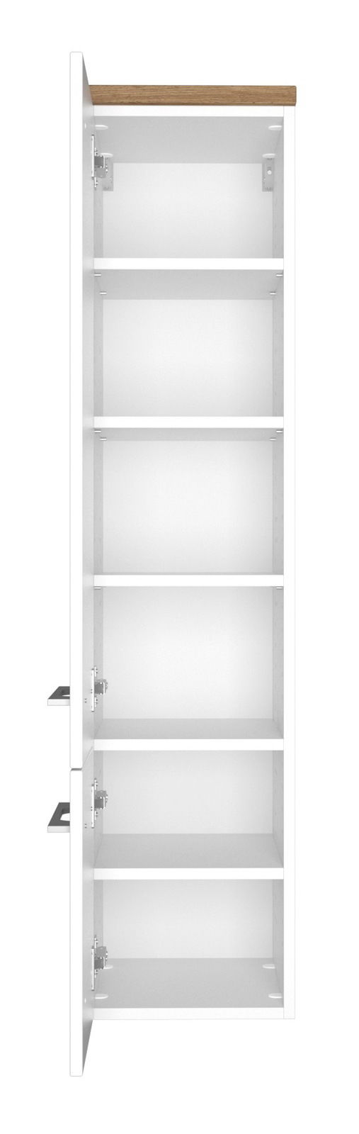 Weißer Midischrank mit Holzakzent, geöffnete Türen, frontale Ansicht