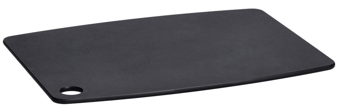Schwarzes Schneidebrett aus Holzfaserlaminat mit abgerundeten Ecken und Loch, perspektivisch von oben fotografiert.
