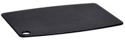 Schwarzes Schneidebrett aus Holzfaserlaminat mit abgerundeten Ecken und Loch, perspektivisch von oben fotografiert.