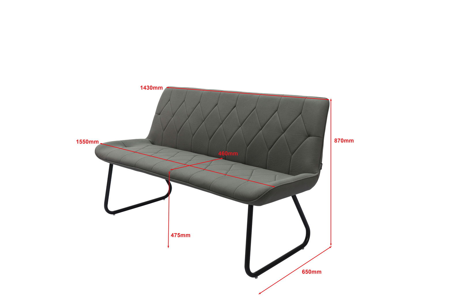 Graue Polsterbank mit schwarzem Metallgestell, seitliche Perspektive, Maße: 1550mm Breite, 870mm Höhe, 650mm Tiefe.