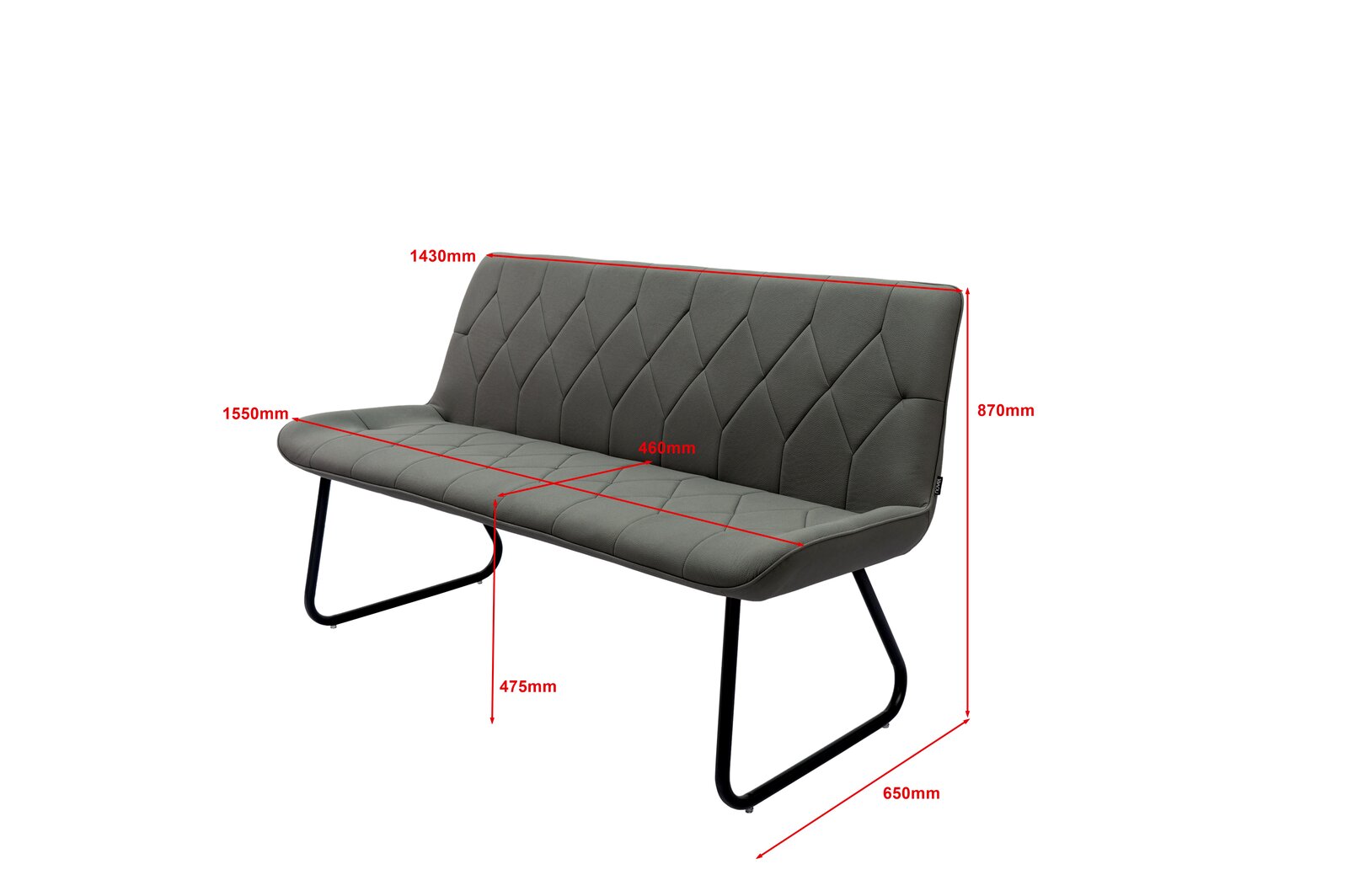 Graue Polsterbank mit schwarzem Metallgestell, seitliche Perspektive, Maße: 1550mm Breite, 870mm Höhe, 650mm Tiefe.
