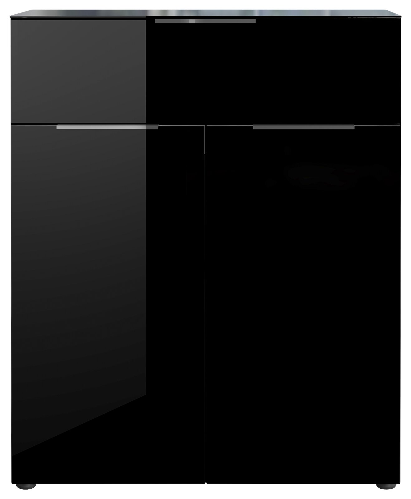 Schwarze Hochglanz-Kommode mit zwei Türen und einer Schublade, frontale Ansicht