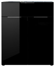 Schwarze Hochglanz-Kommode mit zwei Türen und einer Schublade, frontale Ansicht