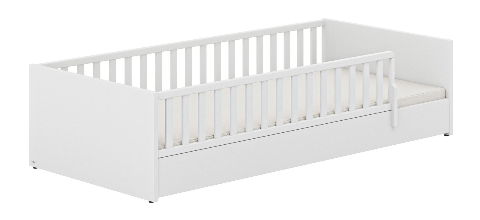 Weißes Kinderbett mit Gitterstäben, seitliche Perspektive