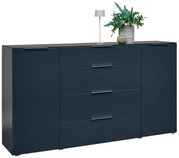 Modern dressoir in donkerblauw met vier lades en twee deuren, versierd met een lamp en planten, zijaanzicht.