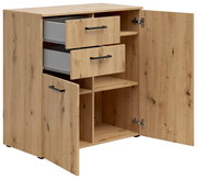 Kommode aus Holz mit zwei offenen Schubladen und zwei geöffneten Türen, die verschiedene Fächer zeigen. Perspektive von vorne links.